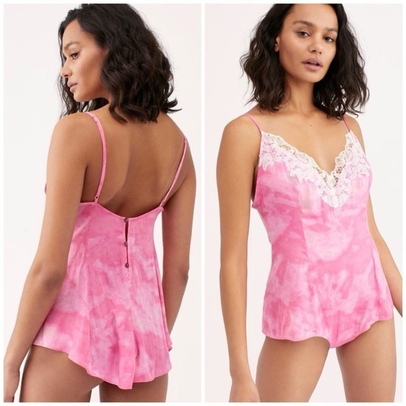Free People Luella Pink Tie Dye Lace Trim Bodysuit M - Picture 2 of 5